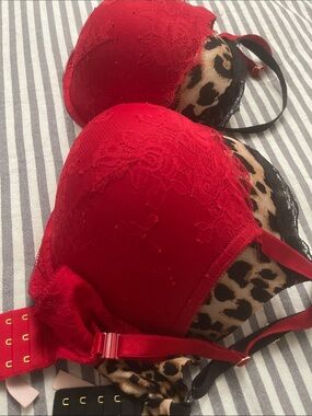 Victoria's Secret Red Lace Bra with Leopard Accent